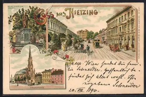 Lithographie Wien, Hietzing, Hotel Vogelreuther, Kaiser Maximilian-Denkmal, Kirchenplatz