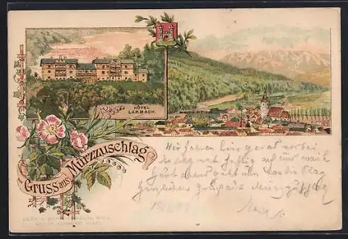 Lithographie Mürzzuschlag, Hotel Lambach, Ortsansicht