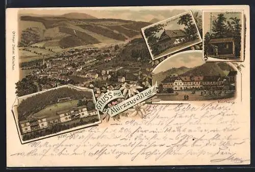 Lithographie Mürzzuschlag, Hotel Lambach, Kurhaus, Steinbauer, Gansstein