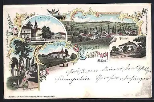 Lithographie Gallspach, St. Georgengasse mit Passanten, Schloss, Pfarrhof