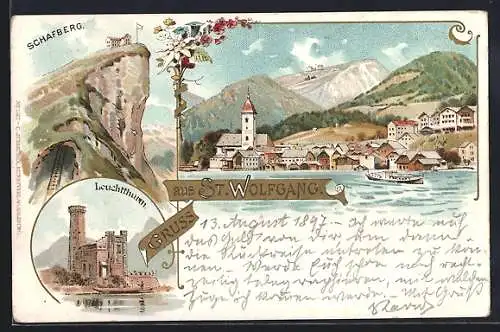 Lithographie St. Wolfgang, Gasthaus auf dem Schafberg, Leuchtturm, Ortsansicht mit Dampfer