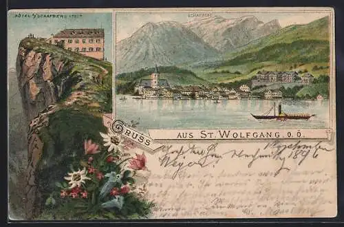 Lithographie St. Wolfgang /O. Ö., Hotel a. Schafberg, Ortsansicht