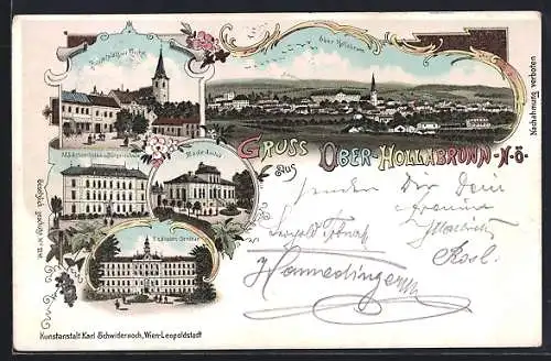 Lithographie Ober-Hollabrunn, Hauptplatz mit Kirche, Bade-Anstalt und F. e. Knaben-Seminar