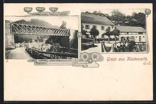 AK Kastenreith /O.-Ö., Gemischtwarenhandlung und Eisenbahnbrücke, Jugendstil-Passepartout