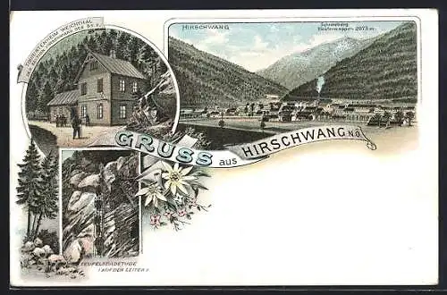 Lithographie Reichenau an der Rax, Hirschwang, Schneeberg, Teufelsbadstube, Touristenheim Weichthal