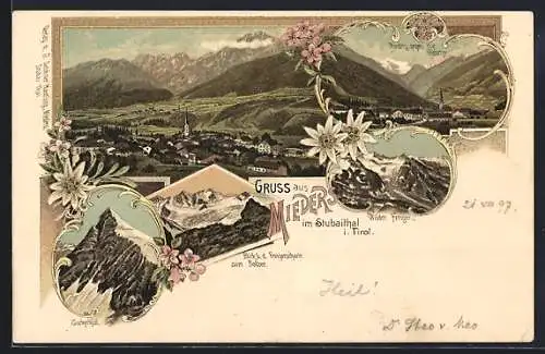 Lithographie Mieders im Stubaithal, Zuckerhübl, Blick v. d. Freigerscharte zum Botzer, Wilder Freiger