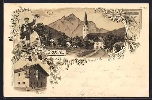 AK Mutters b. Innsbruck, Gasthof und Ortsansicht mit Kirche