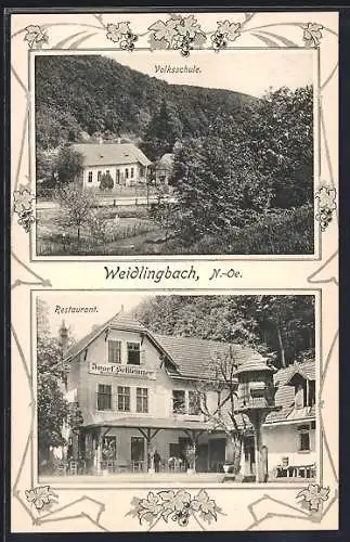 AK Weidlingbach /N.-Oe., Restaurant Josef Schleinzer und die Volksschule