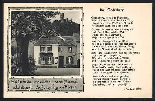 AK Bad Godesberg, Gasthof Godesberg mit Blick zur Godesburg, Spruch von J. Limbach