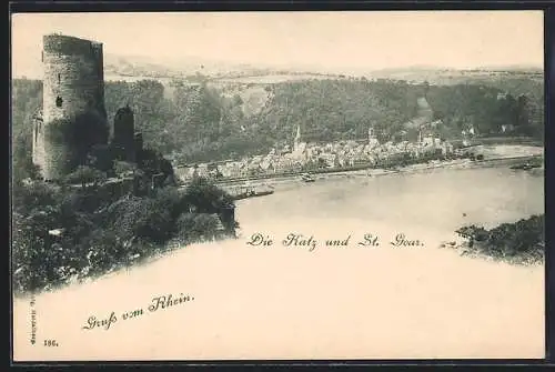 AK St. Goar /Rhein, Totalansicht mit Ruine Katz