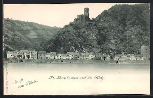 AK St. Goarshausen / Rhein, Ortsansicht mit der Ruine Katz