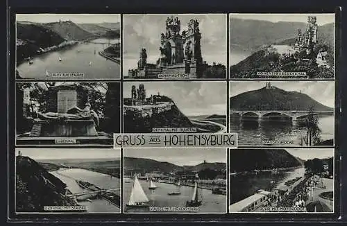 AK Hohensyburg, Denkmal m. Ruhrtal, Blick z. Stausee, Ruhr m. Motorboot, Stauseebrücke, Hohensyburgdenkmal u. a.