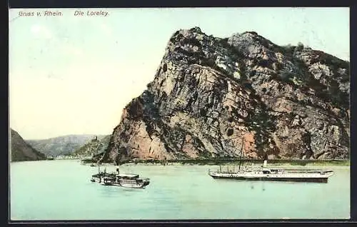 AK Gruss vom Rhein mit Schiffen, Die Loreley