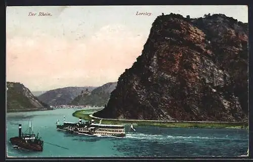 AK Loreley, Schiffe auf dem Rhein an der Loreley