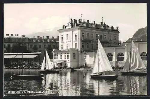 AK Zell am See, Teilansicht mit Seehotel Zauner und Segelbooten auf dem See