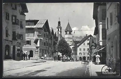 AK Kitzbühel, Strassenpartie mit Reisebüro und Bank