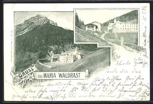 AK Maria Waldrast, Wallfahrtskloster aus der Vogelschau