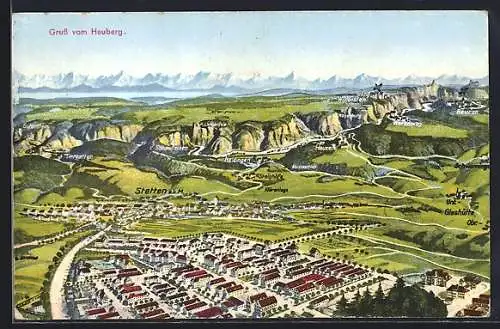 Künstler-AK Stetten /Heuberg, Ortsansicht mit Tiergarten, Gutenstein und Steighöfe