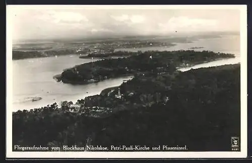 AK Berlin-Wannsee, Restaurant Blockhaus Nikoskoe, Petri-Pauli-Kirche und Pfaueninsel