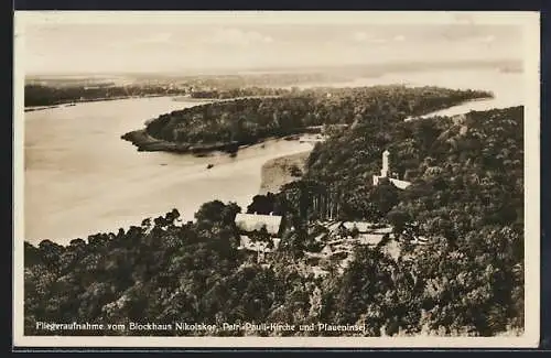 AK Berlin-Wannsee, Restaurant Blockhaus Nikoskoe, Petri-Pauli-Kirche und Pfaueninsel