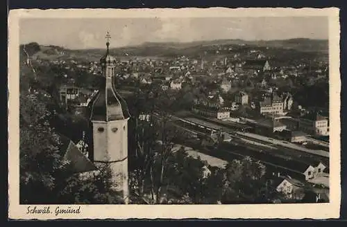 AK Schwäb. Gmünd, Teilansicht mit Kirche und Bahnhof