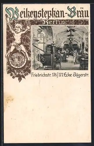 AK Berlin, Gasthaus Weihenstephan-Bräu, Friedrichstrasse 176 /177, Ecke Jägerstrasse, Innenansicht