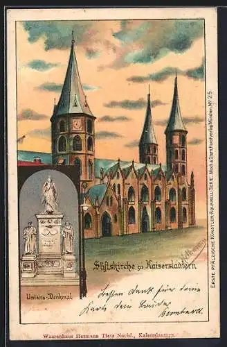 Lithographie Kaiserslautern, Stiftskirche im Abendlicht, Unions-Denkmal