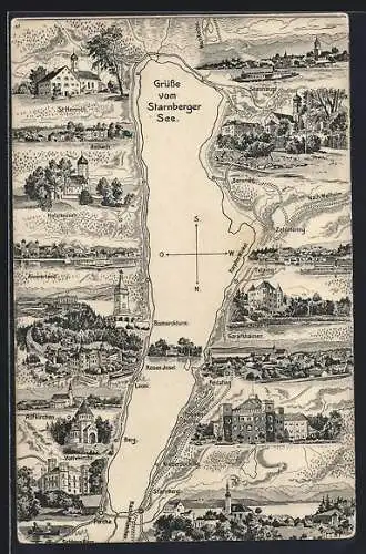 Künstler-AK Seeshaupt, Starnberger See mit Ansichten der umliegenden Orte