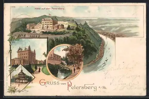 Lithographie Petersberg a. Rh., Hotel auf dem Petersberg