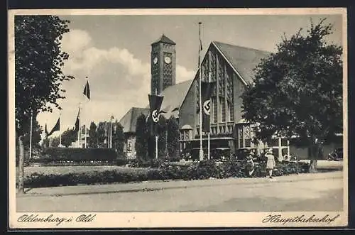 AK Oldenburg i. Old., flaggen am Hauptbahnhof