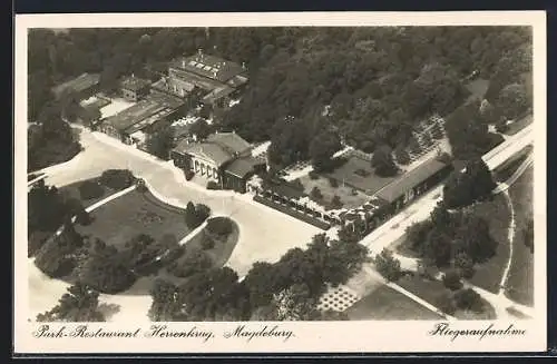 AK Magdeburg, Park-Restaurant Herrenkrug v. Gustav Ritzow, Fliegeraufnahme