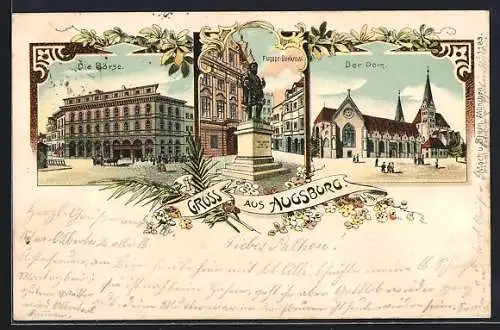 Lithographie Augsburg, Dom, Fugger-Denkmal, Börse