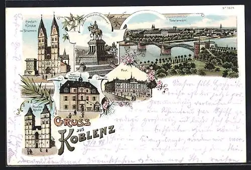 Lithographie Koblenz, Real-Gymnasium, Florins-Kirche, Castor-Kirche mit Brunnen, Post, Kaiser Wilhelm-Denkmal