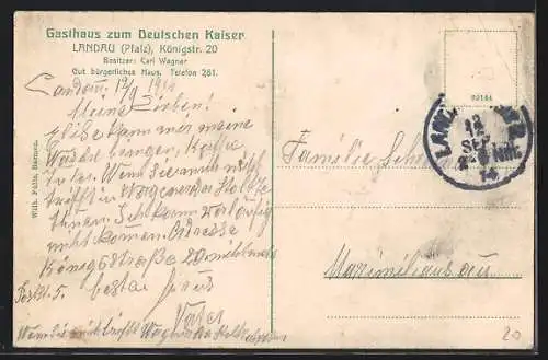AK Landau /Pfalz, Gasthaus zum Deutschen Kaiser v. Carl Wagner in der Königstrasse 20