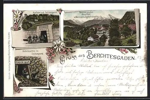 Lithographie Berchtesgaden, Rutschpartie im Salzbergwerk, Ausfahrt a. d. Salzbergwerken, Ortsansicht