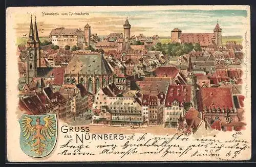 Lithographie Nürnberg, Panorama vom Lorenzturm, Wappen