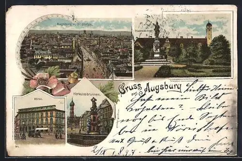 Lithographie Augsburg, Ortsansicht v. St. Ulrich, Börse, Friedensdenkmal, Herkulesbrunnen