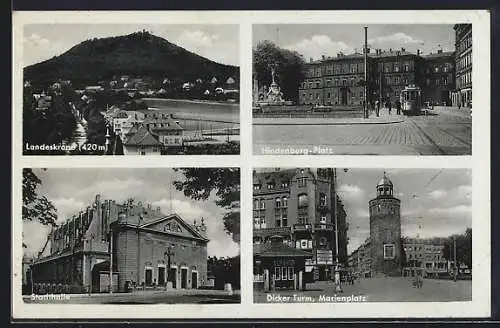 AK Görlitz /Schl., Landeskrone, Hindenburg-Platz, Stadthalle, Dicker Turm, Marienplatz