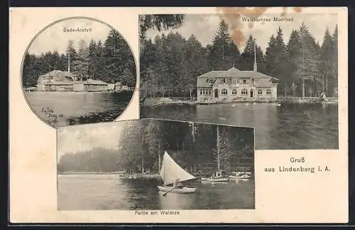 AK Lindenberg i. A., Waldkurhaus Moorbach, Bade-Anstalt, Partie am Waldsee