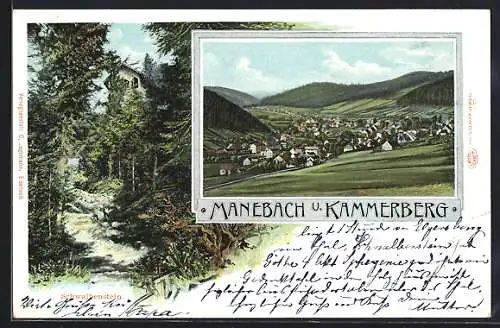 AK Manebach, Ortsansicht mit Kammerberg, Schwalbenstein