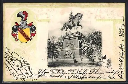 Präge-AK Karlsruhe, Kaiser Wilhelm-Denkmal mit geprägtem Wappen