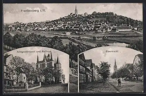 AK Frankenberg i. H., Gesamtansicht, Kriegerdenkmal und Rathaus, Obermarkt