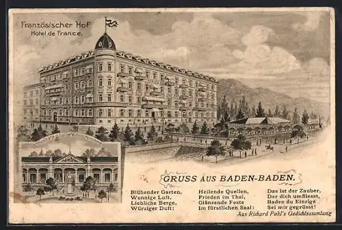 AK Baden-Baden, Französischer Hof, Trinkhalle m. Kaiser Wilhelm Monument