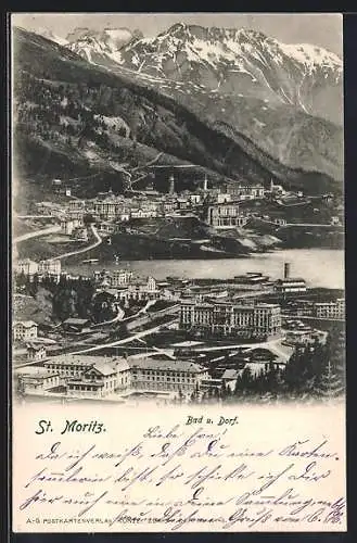 AK St. Moritz, Bad und Dorf mit Bergpanorama, von oben gesehen