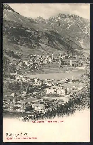 AK St. Moritz, Bad und Dorf mit Bergpanorama aus der Vogelschau