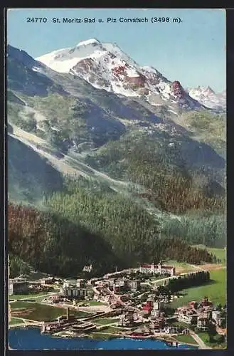 AK St. Moritz, Ortsansicht aus der Vogelschau mit Piz Corvatsch