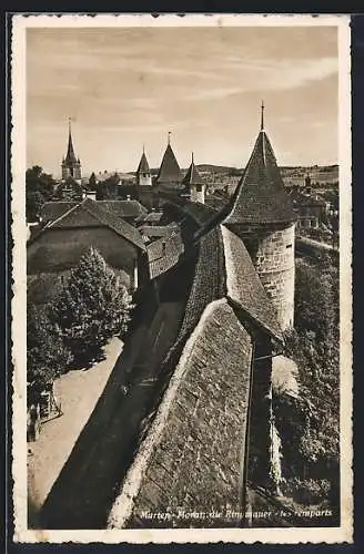 AK Murten, Ringmauer mit Türmen aus der Vogelschau