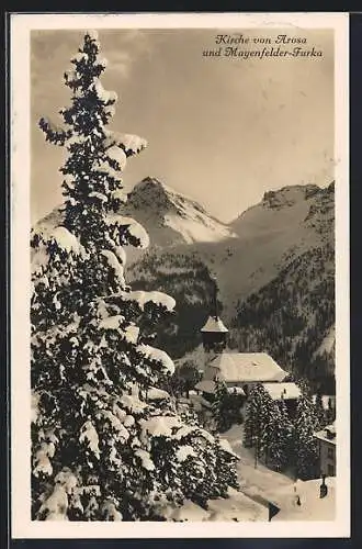 AK Arosa, Kirche und Mayenfelder Furka im Winter