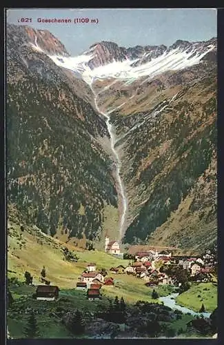 AK Goeschenen, Gesamtansicht mit Wasserfall und Gipfelpanorama