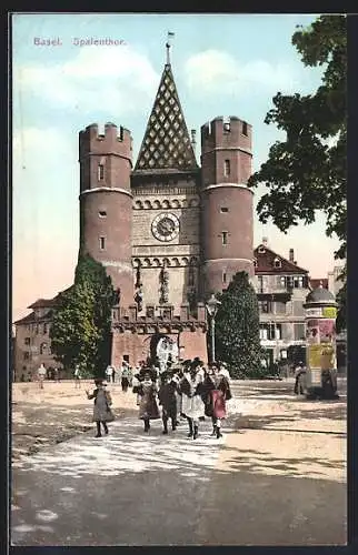 AK Basel, Am Spalenthor, Kindergruppe, Litfasssäule